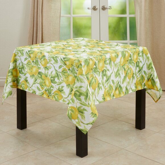 65" Square Yellow and Green Printed Lemon Kitchen Tablecloth, Polyester - Picture 1 of 3